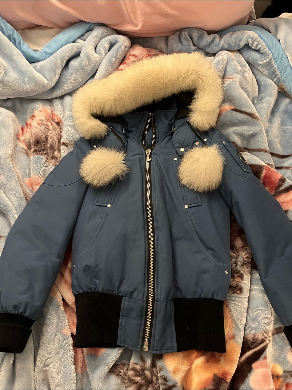 Moose Knuckles Navy Blue Puffer Jacket with Cream Fur Trim